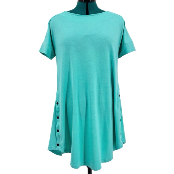 Reborn Turquoise Short Sleeve Button Sides A-Line Tunic Top, Medium - Picture 3 of 16